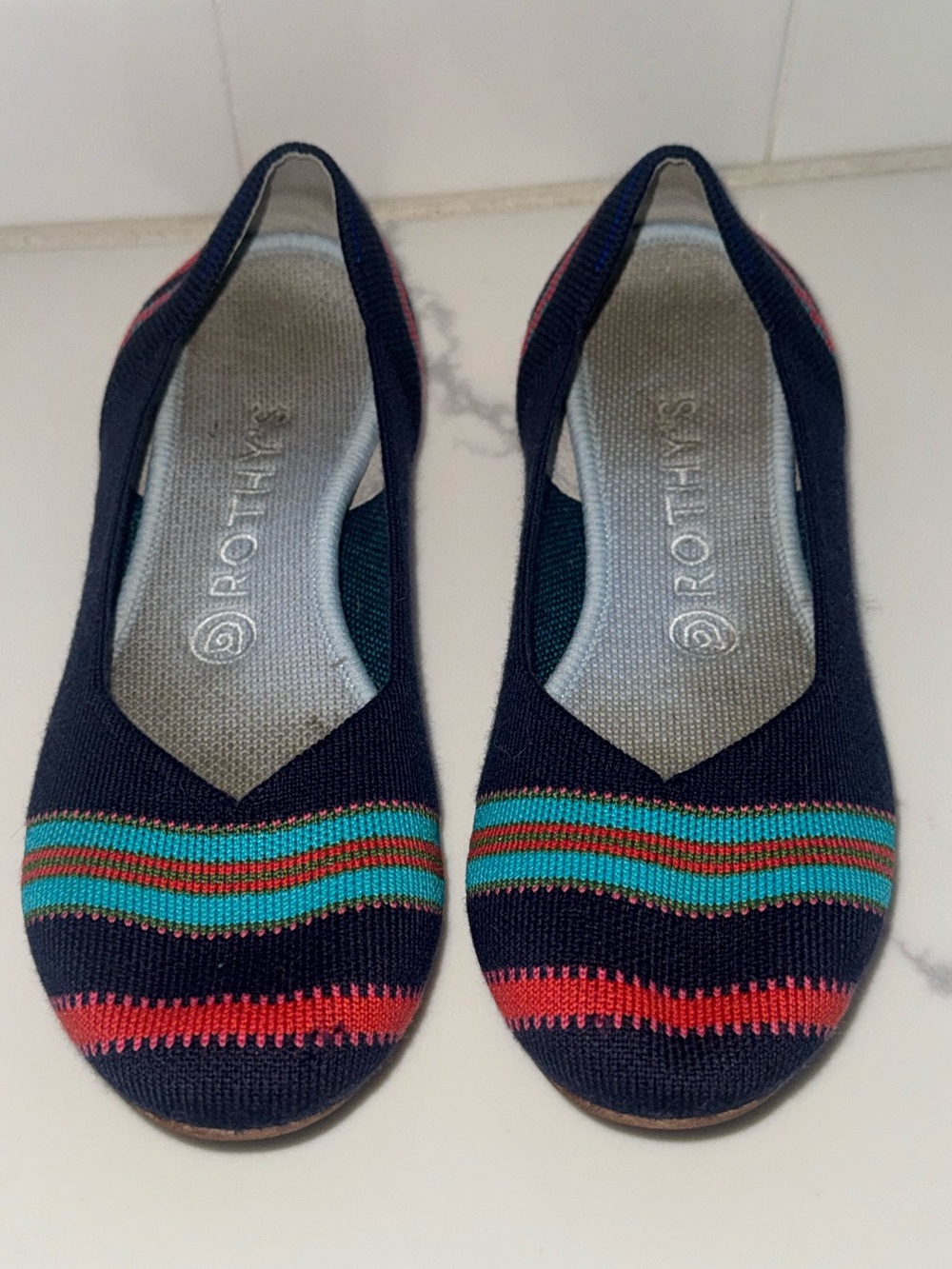 Rothy's Navy Ribbon Stripe Merino flats horizontal teal and red stripes Size 8